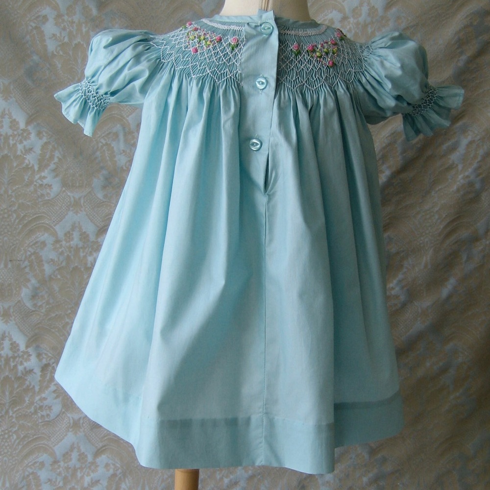 Dusty Blue Smocked Bishop Dress 100% Cotton, New - Picture 4 of 8